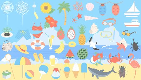 Various assorted illustrations symbolizing summerのイラスト素材