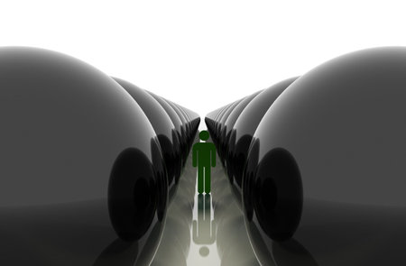 stylized figure of a lonely man walking along a path between the rows of huge mirror ballsの写真素材