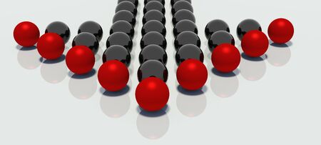 Groups of mirrored balls in the shape of arrow and headed with the red balls, indicate a single point in spaceの写真素材