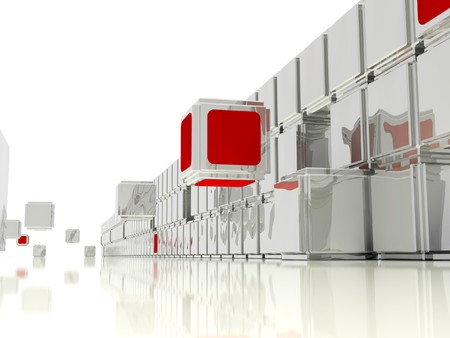 Illustrated abstract construction of the wall from mirrored cubes, interspersed with red cubesの写真素材