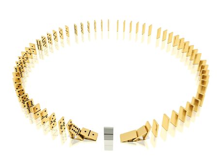 On a image  is shown golden dominoes which placed in a circle shape on a white background and mirror floor and especial domino bone because of which the dominoes effect  was startedの写真素材