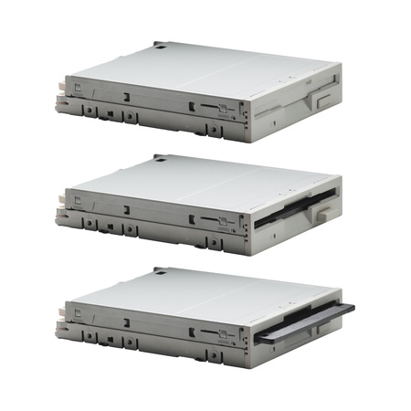 Floppy drive in three actions: empty, full and inserting. Body parts(viewpoint, focal length, size and etc) are identicalの写真素材
