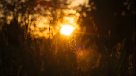 Silhouette of grass at sunset. Nature background. Selective focus Generative AIの素材