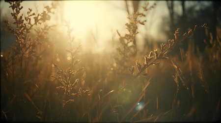 Sunset in the meadow with dry grass. Shallow depth of field Generative AIの素材