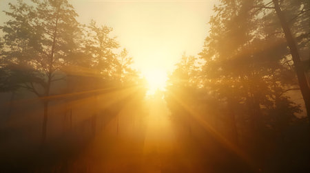 Sunset in the foggy forest. Panoramic view Generative AIの素材