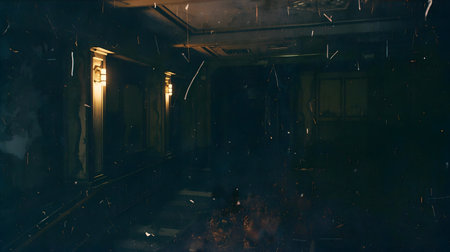 Creepy dark corridor with burning windows. Horror Halloween concept Generative AIの素材