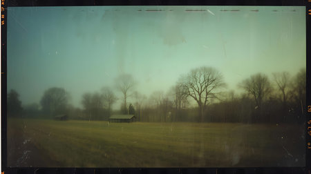 Vintage film frame with landscape and trees in the fog. 3d rendering Generative AIの素材