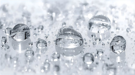 3d rendering of water drops in glass with reflection on white background Generative AIの素材