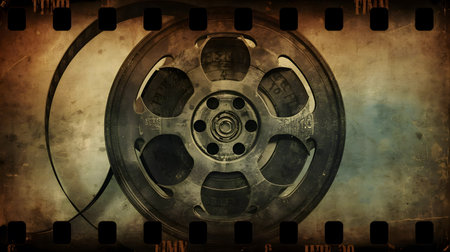 Vintage film reel on a grunge background, close-up Generative AIの素材
