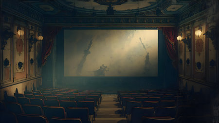 Old cinema hall with empty seats and curtains. 3d rendering Generative AIの素材