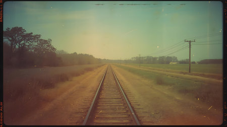 Railway tracks in the mist. Vintage style. Retro image Generative AIの素材