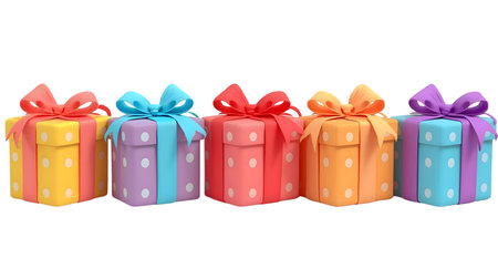 Colorful gift boxes with bows isolated on white background. 3D rendering generative aiの素材