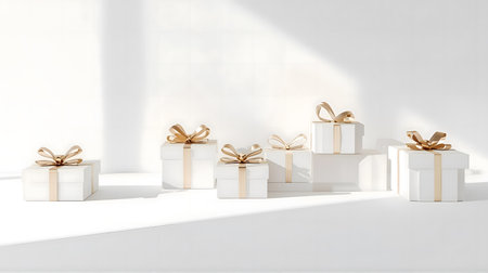 Three white gift boxes with gold ribbons on a white background. 3d rendering generative aiの素材
