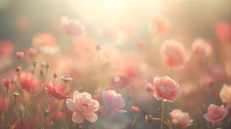 Beautiful pink flowers in the meadow with sunlight. Vintage filter Generative AIの素材