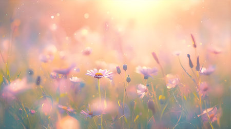 Colorful meadow with daisies and sun rays. Spring background Generative AIの素材