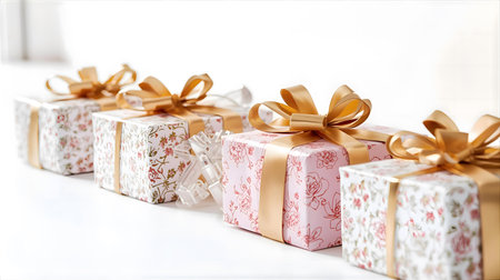 Gift boxes with ribbons on a white background. Shallow depth of field Generative AIの素材
