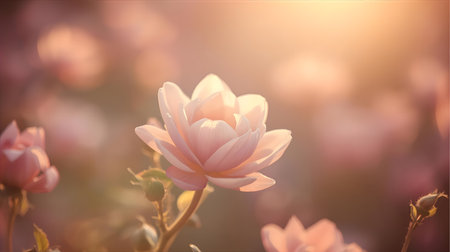 Beautiful pink magnolia flowers in the garden at sunset. Vintage background Generative AIの素材