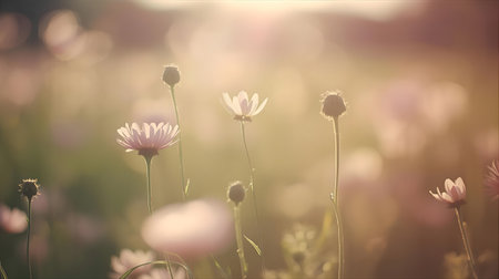 Beautiful daisy flowers in the meadow with retro filter effect Generative AIの素材