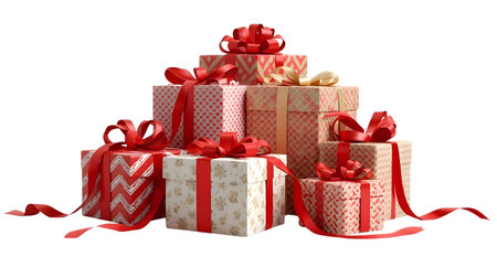 Gift boxes with red ribbons isolated on white background. 3d rendering Generative AIの素材