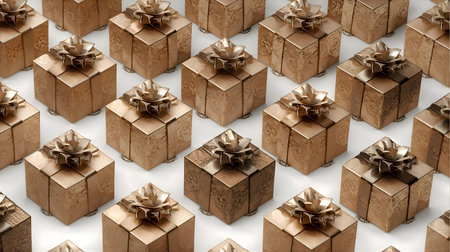 Seamless pattern of wooden boxes with gift bows on white background Generative AIの素材