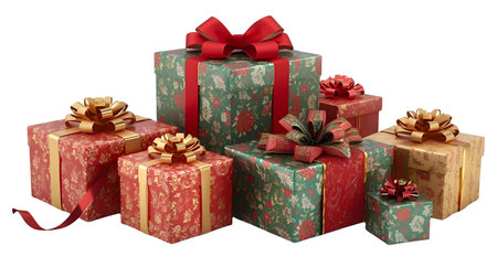 Gift boxes with red bows isolated on white background. 3D rendering Generative AIの素材