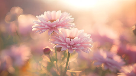 Pink chrysanthemum flowers in the meadow at sunset Generative AIの素材