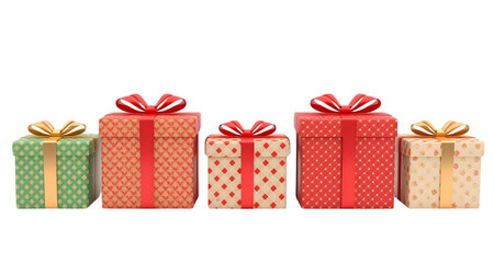 Three gift boxes with red bows isolated on white background. 3D rendering Generative AIの素材