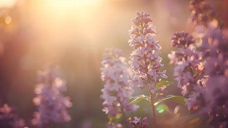 Beautiful lilac flowers in the rays of the setting sun Generative AIの素材
