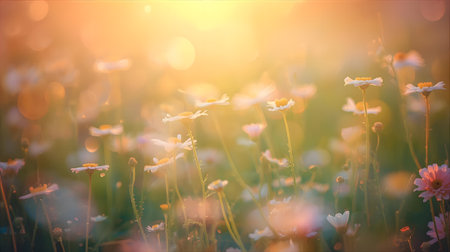 Sunset over the meadow with daisies. Soft focus Generative AIの素材