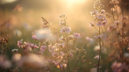 Beautiful wildflowers in the meadow at sunset. Vintage style Generative AIの素材
