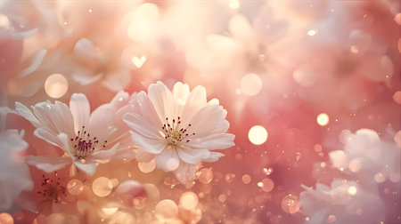 Beautiful spring background with white flowers and bokeh lights Generative AIの素材