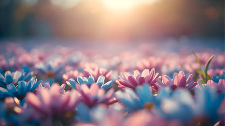 Beautiful spring flowers in the meadow at sunset. Soft focus Generative AIの素材