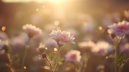 Beautiful flowers in the garden at sunset. Nature background. Selective focus Generative AIの素材