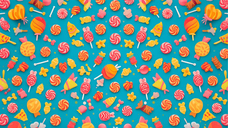 Seamless pattern with sweet candies and lollipops on blue background Generative AIの素材