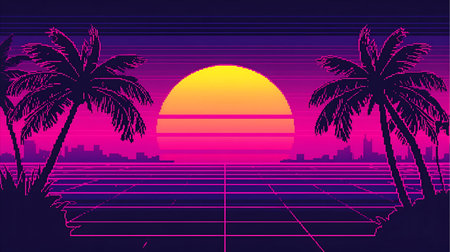 Sunset on the beach with palm trees. Vector illustration in neon style.の素材