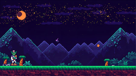 Retro videogame landscape background with mountains, sky and stars Generative AIの素材