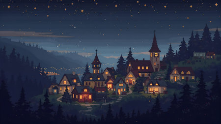 Vector illustration of a village in the mountains at night. Vintage style Generative AI.の素材
