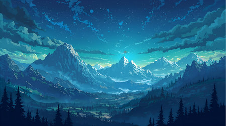 Mountain landscape with forest and high peaks at night. Vector illustration Generative AIの素材