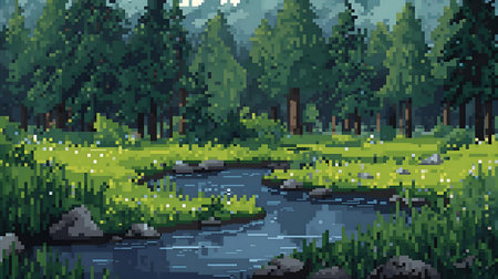 Pixel art landscape with forest and river, pixelated vector illustration Generative AIの素材