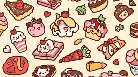 Seamless pattern with cute cartoon cakes and desserts. Vector illustration Generative AIの素材