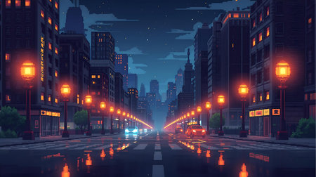Night city street with lights and cars, vector illustration in retro style Generative AIの素材