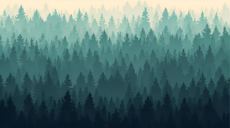 Foggy forest with coniferous trees. Vector illustration Generative AIの素材