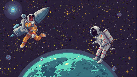 Astronaut and astronaut in outer space. Vector illustration in cartoon style Generative AIの素材