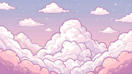 Retro videogame background with pixelated clouds in the sky illustration Generative AIの素材