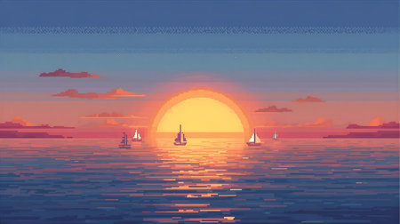 Sunset on the sea with sailboats. Vector illustration in flat style Generative AI.の素材
