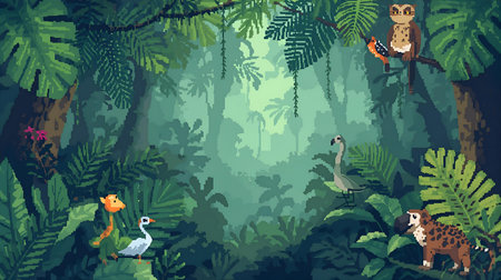 Tropical forest background with exotic animals. Vector illustration in flat style Generative AIの素材