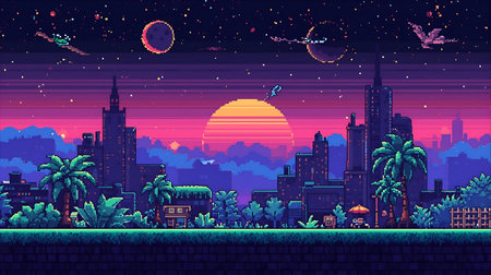 Retro videogame landscape with city and skyscrapers at night Generative AIの素材