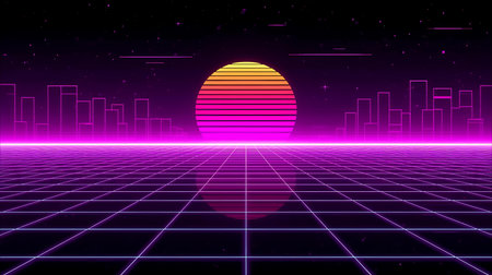 Retro 80s Sci-Fi Futuristic Background. Vector Illustration Generative AI.の素材