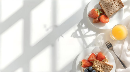 top view of breakfast with fresh berries and orange juice on white table Generative AIの素材