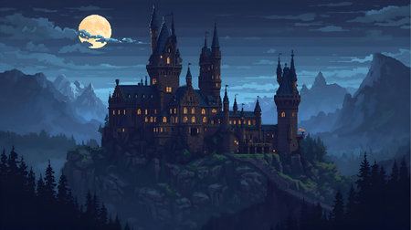 Castle in the mountains at night with full moon. Vector illustration Generative AIの素材